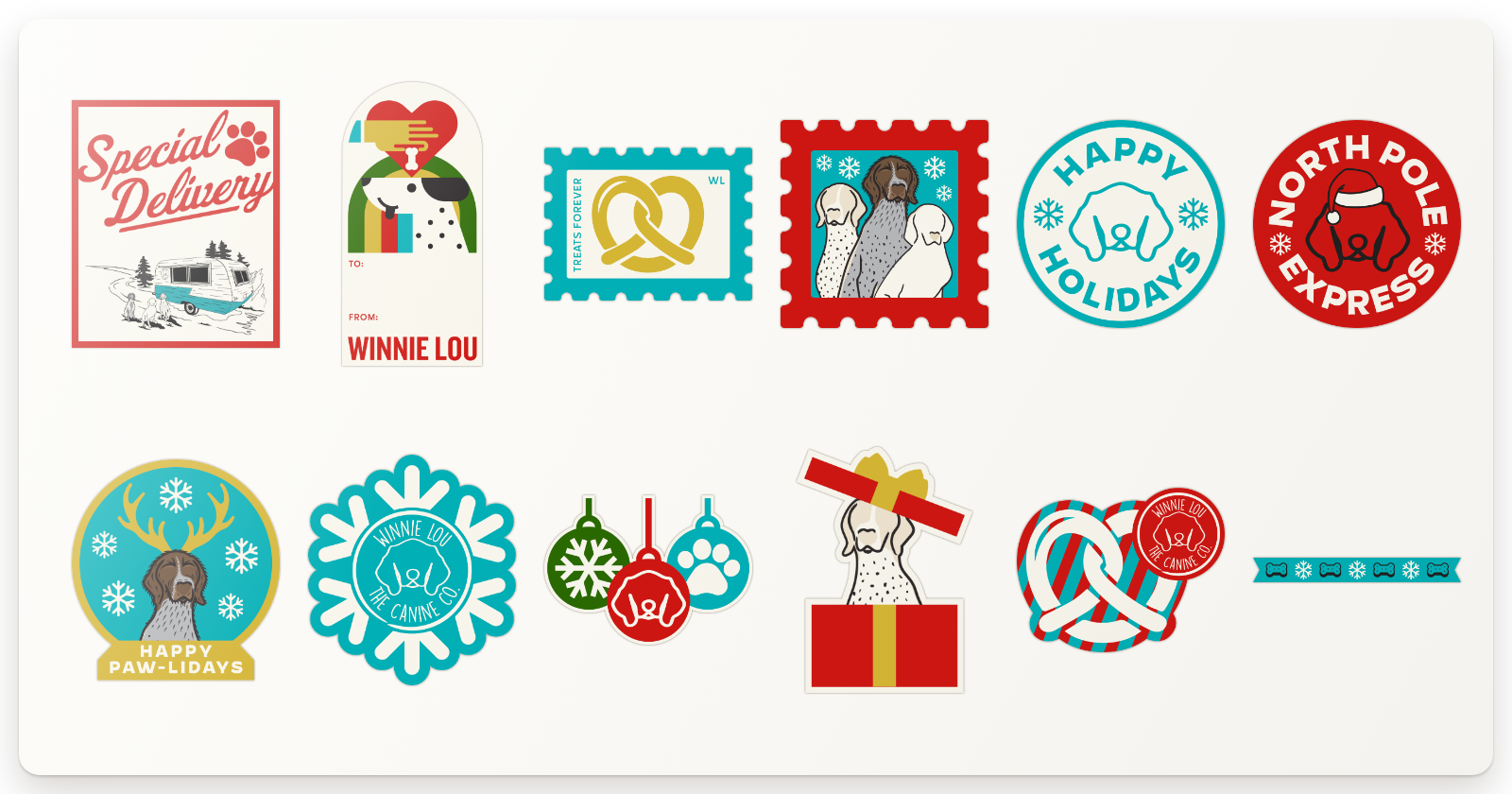 The full sticker sheet: Special Delivery label, To/From tag, Treats Forever stamp, dogs stamp, Happy Holidays and North Pole Express seals, Happy Paw-lidays, snowflake, ornaments, gift dog, pretzel and a bone strip