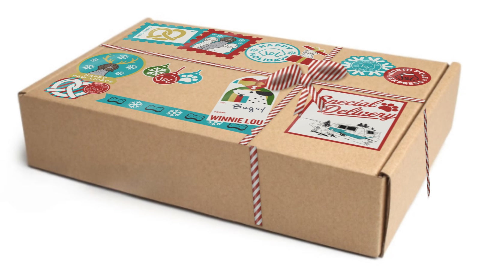 A kraft mailer box decorated with the Winnie Lou holiday stickers, a striped ribbon and a bow