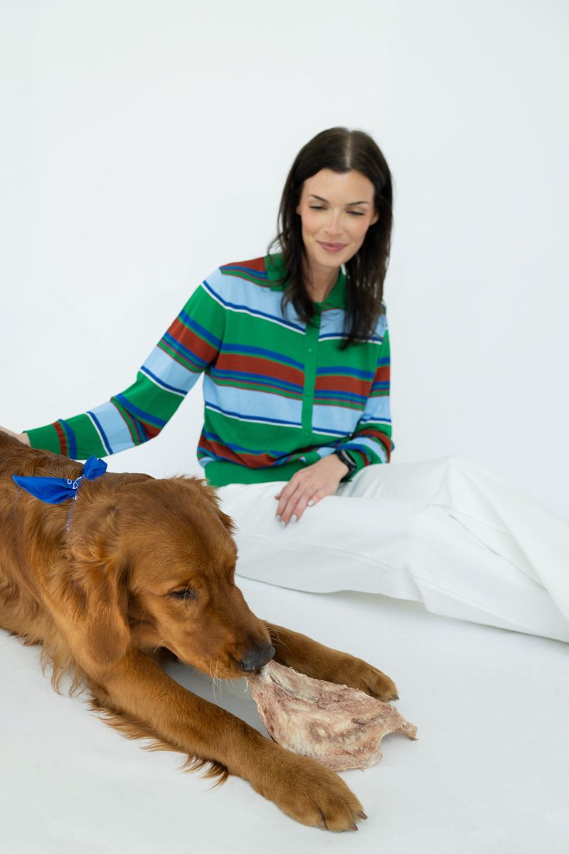 A golden retriever chewing on a bed next to its owner