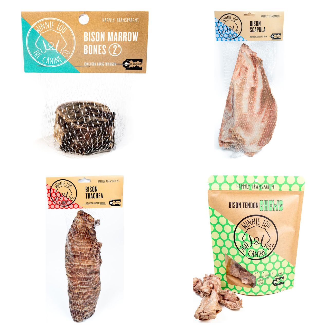 The four Winnie Lou chews in their packaging: marrow bone, scapula, trachea and tendon